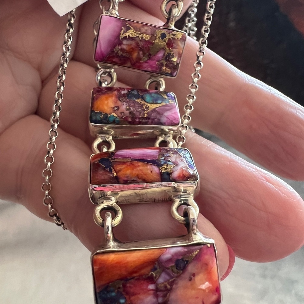 ❤️ Pink Dahlia Turquoise 925 Southwestern Navajo Style Bar Necklace 18+2” 21.6gm - Picture 11 of 16
